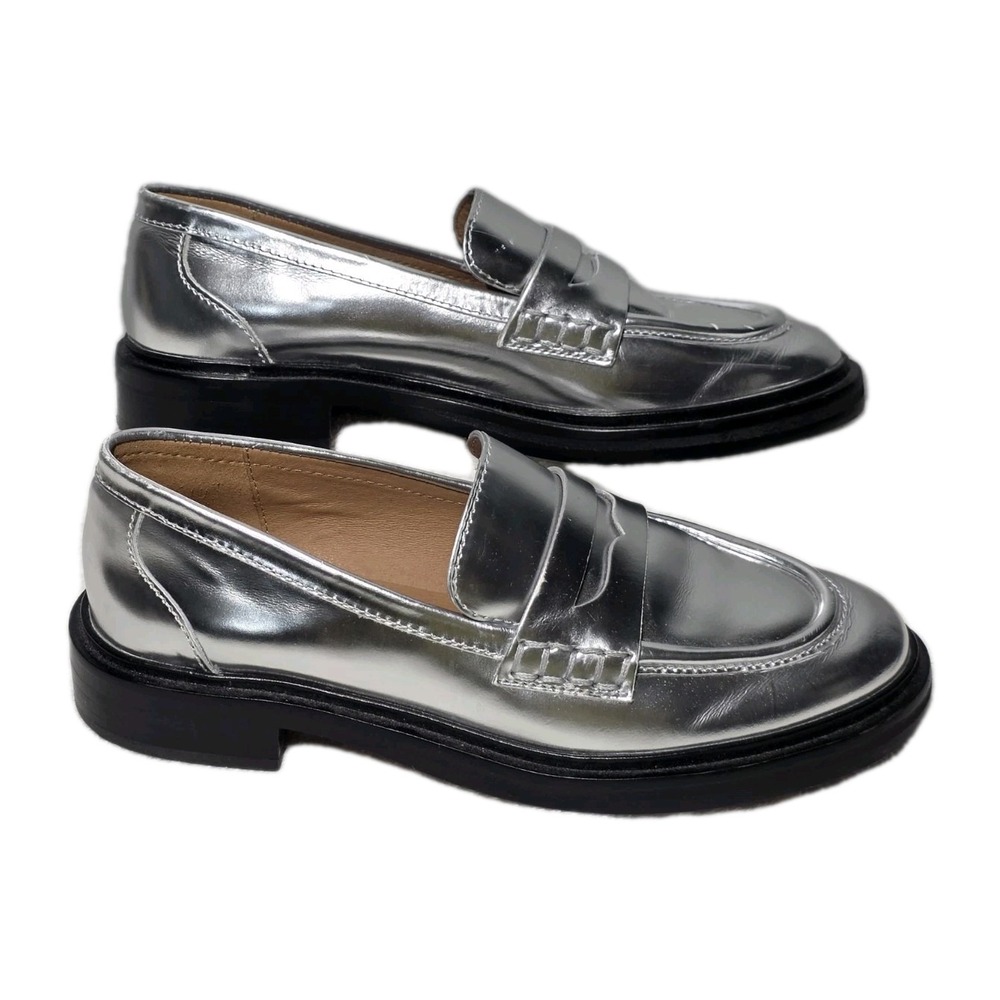Madewell Womens Leather Size 6.5 Penny Loafer In Metallic Silver - Picture 2 of 10